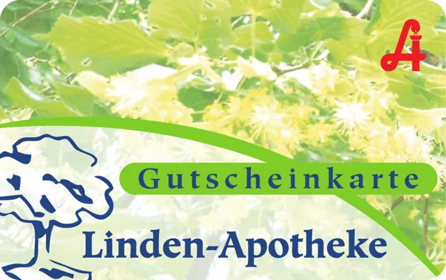 Die Gutscheinkarte der Linden-Apotheke mit Lindenblüten und Logo