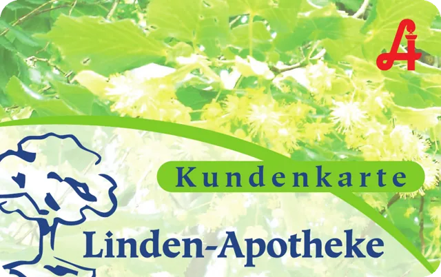 Die Kundenkarte der Linden-Apotheke mit Lindenblüten und Logo